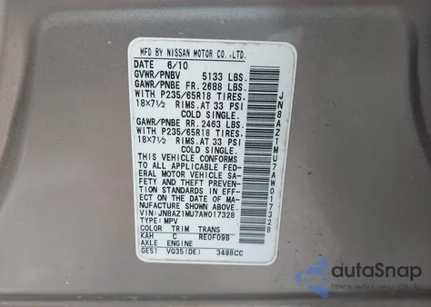 2010 Nissan Murano Sl z USA, uszkodzony, nr VIN JN8AZ1MU7AW017328